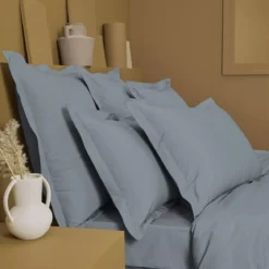Drap housse b35 percale de coton uni bleu gris Giulia givre