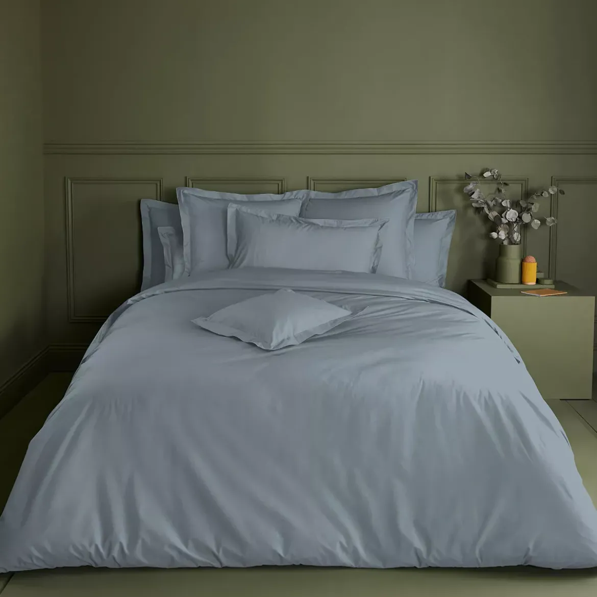 Drap housse b35 percale de coton uni bleu gris Giulia givre