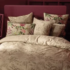 Drap housse b35 satin de coton imprimé beige Parfum d'orchidee grege