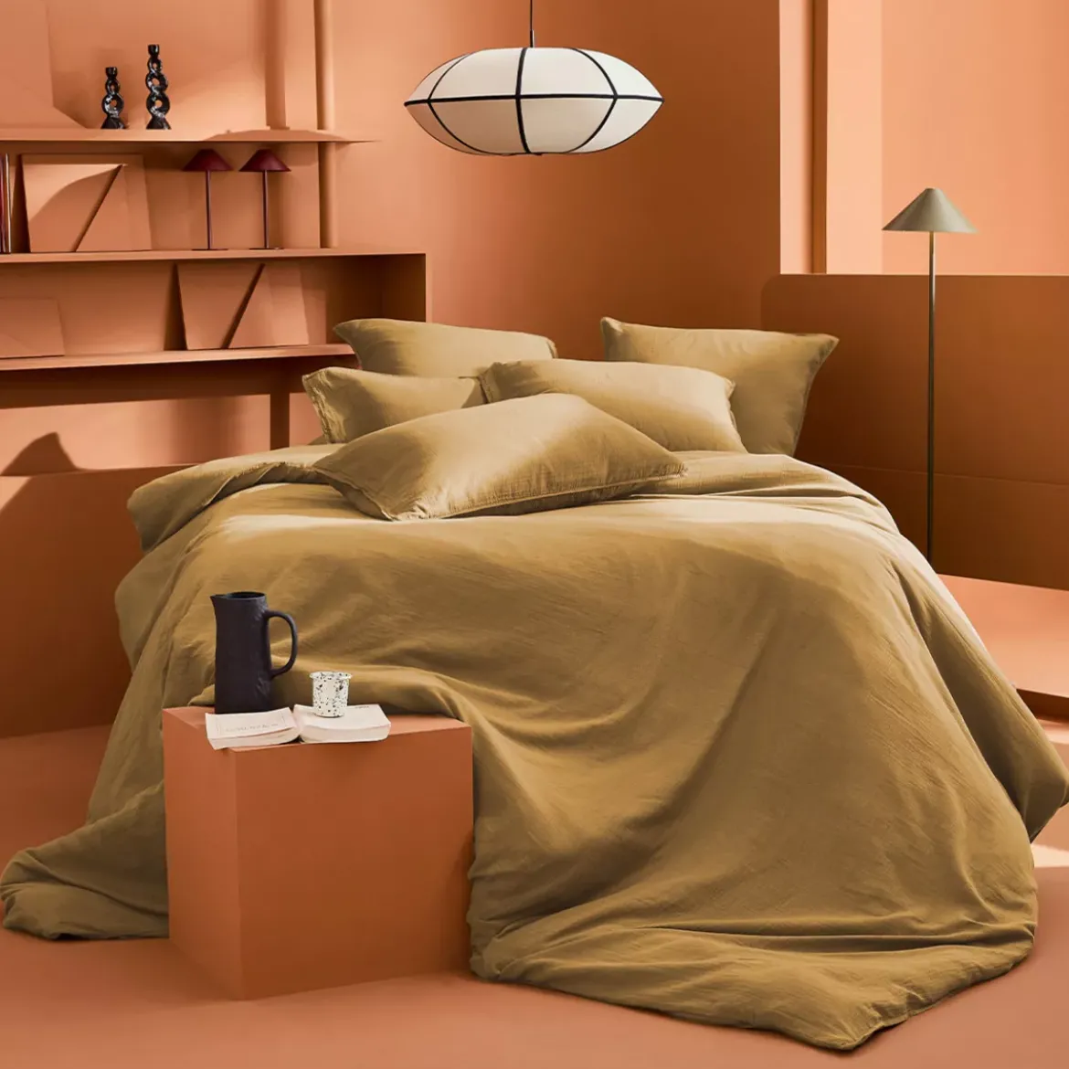 Drap plat gaze de coton lavé uni marron Malia houblon