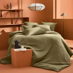 Drap plat gaze de coton lavé uni vert Malia kaki
