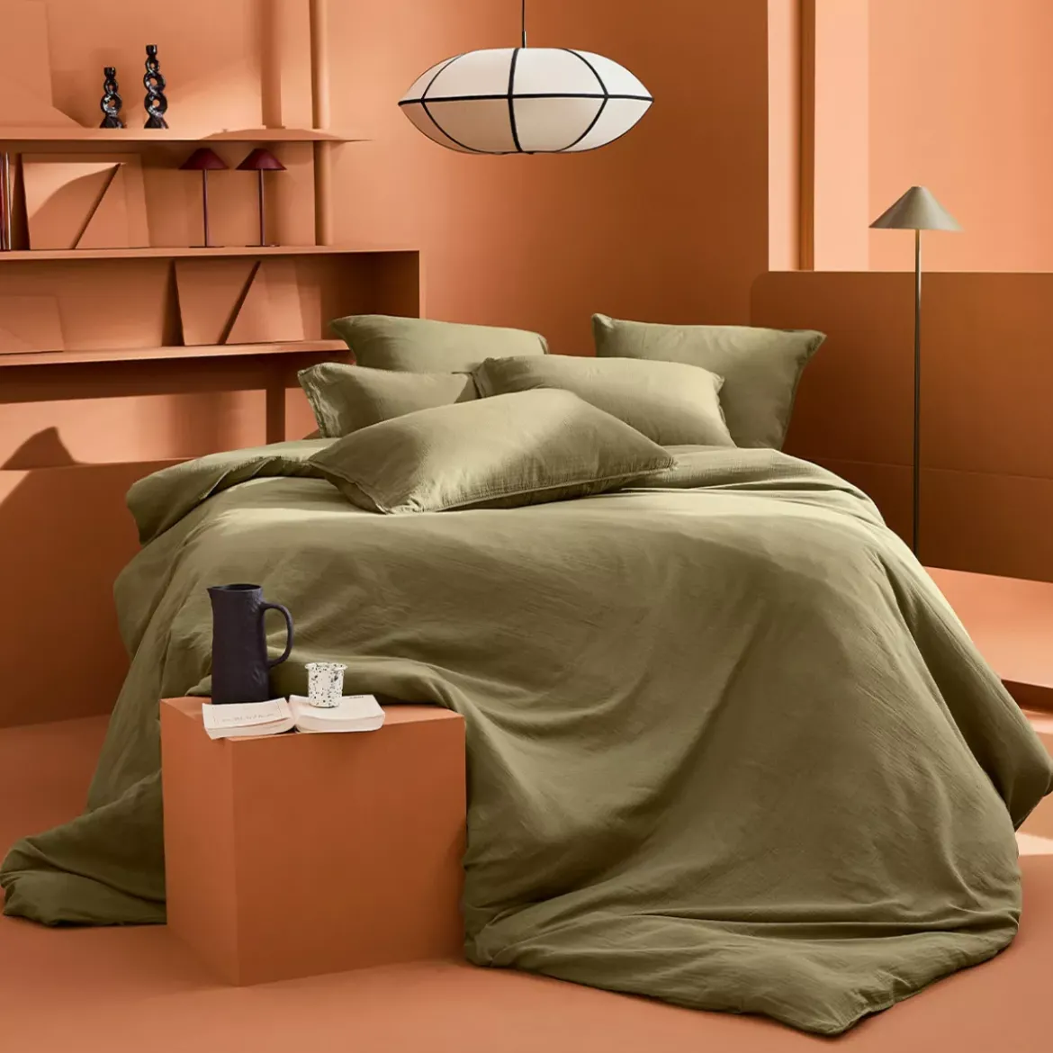 Drap plat gaze de coton lavé uni vert Malia kaki