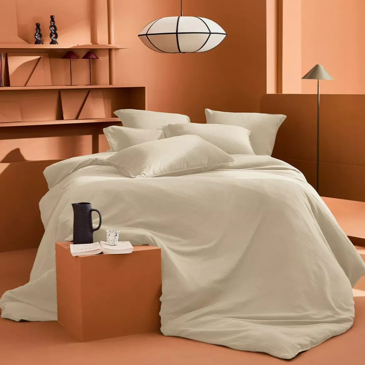 Drap plat gaze de coton lavé uni beige Malia lin