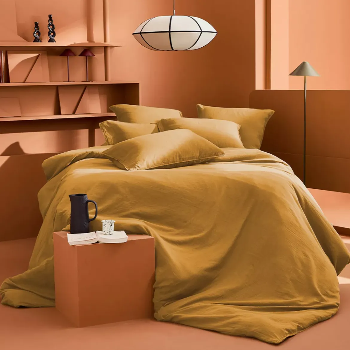 Drap plat gaze de coton lavé uni jaune Malia curry