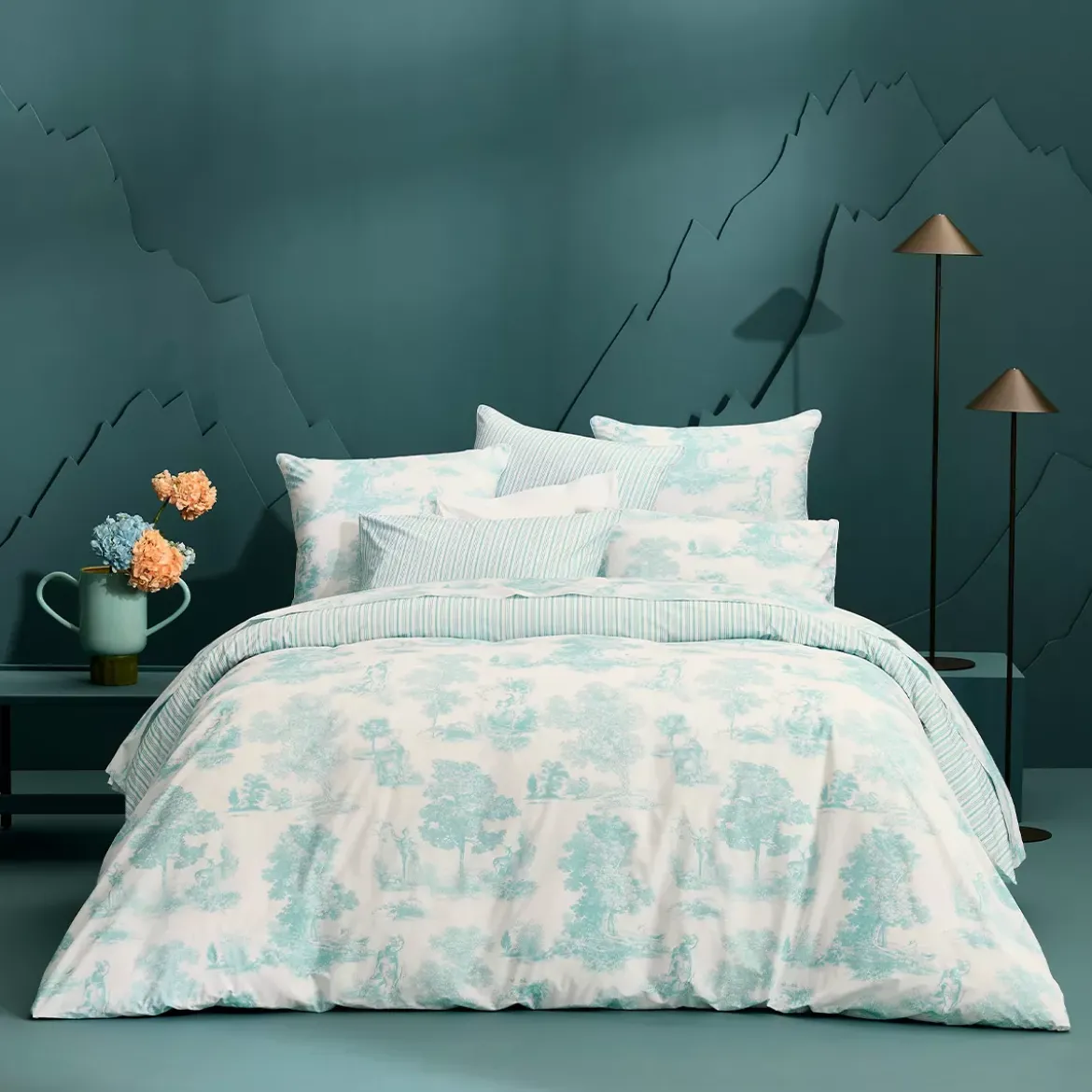 Drap plat percale de coton imprimé bleu Poesie aqua