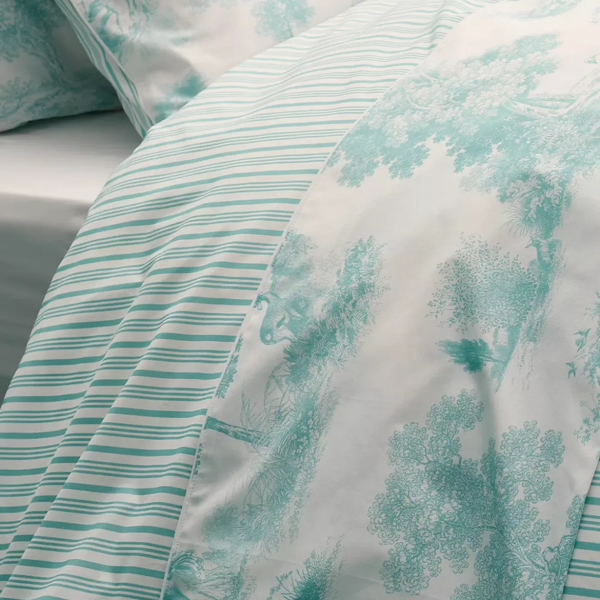 Drap plat percale de coton imprimé bleu Poesie aqua