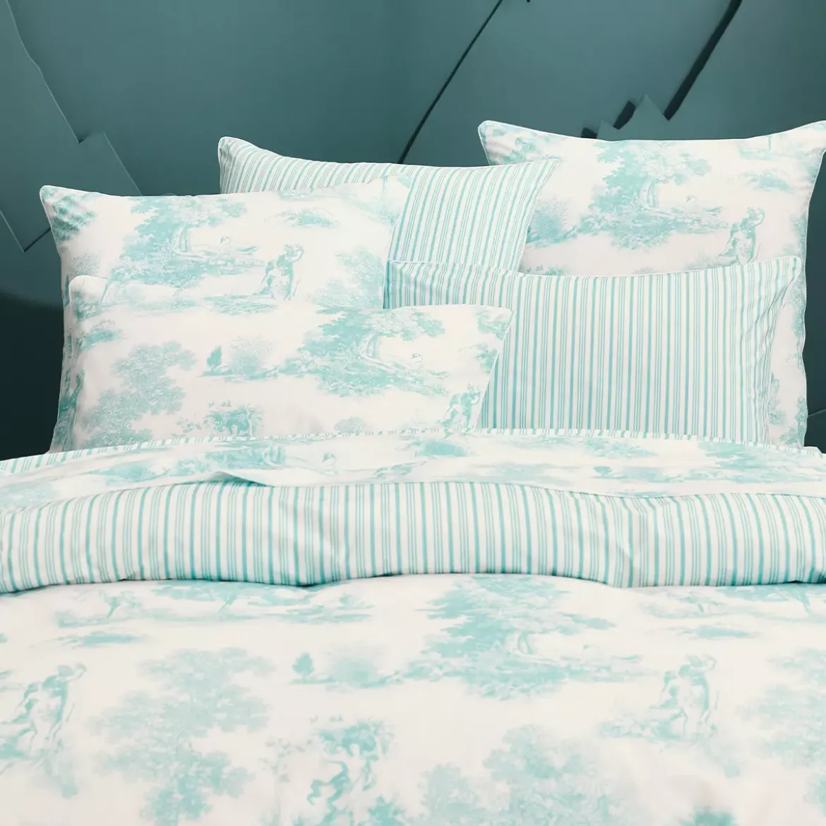 Drap plat percale de coton imprimé bleu Poesie aqua