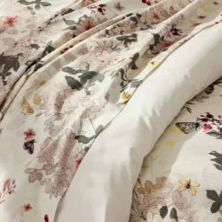 Drap plat percale de coton lavé 115 g/m² imprimé beige bordeaux Vintage flowers cranberry
