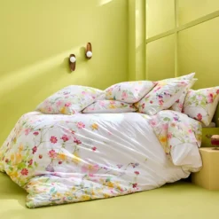 Drap plat percale de coton lavé 115 g/m² imprimé rose vert Souffle fleuri printemps