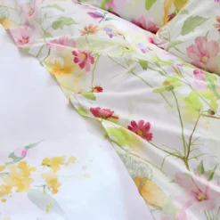 Drap plat percale de coton lavé 115 g/m² imprimé rose vert Souffle fleuri printemps