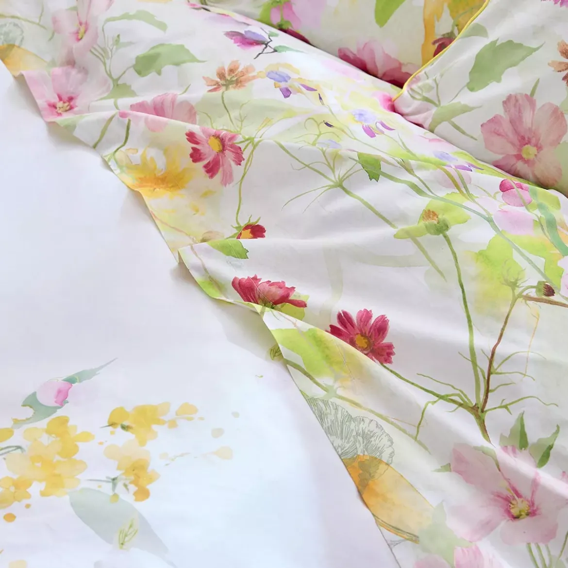 Drap plat percale de coton lavé 115 g/m² imprimé rose vert Souffle fleuri printemps