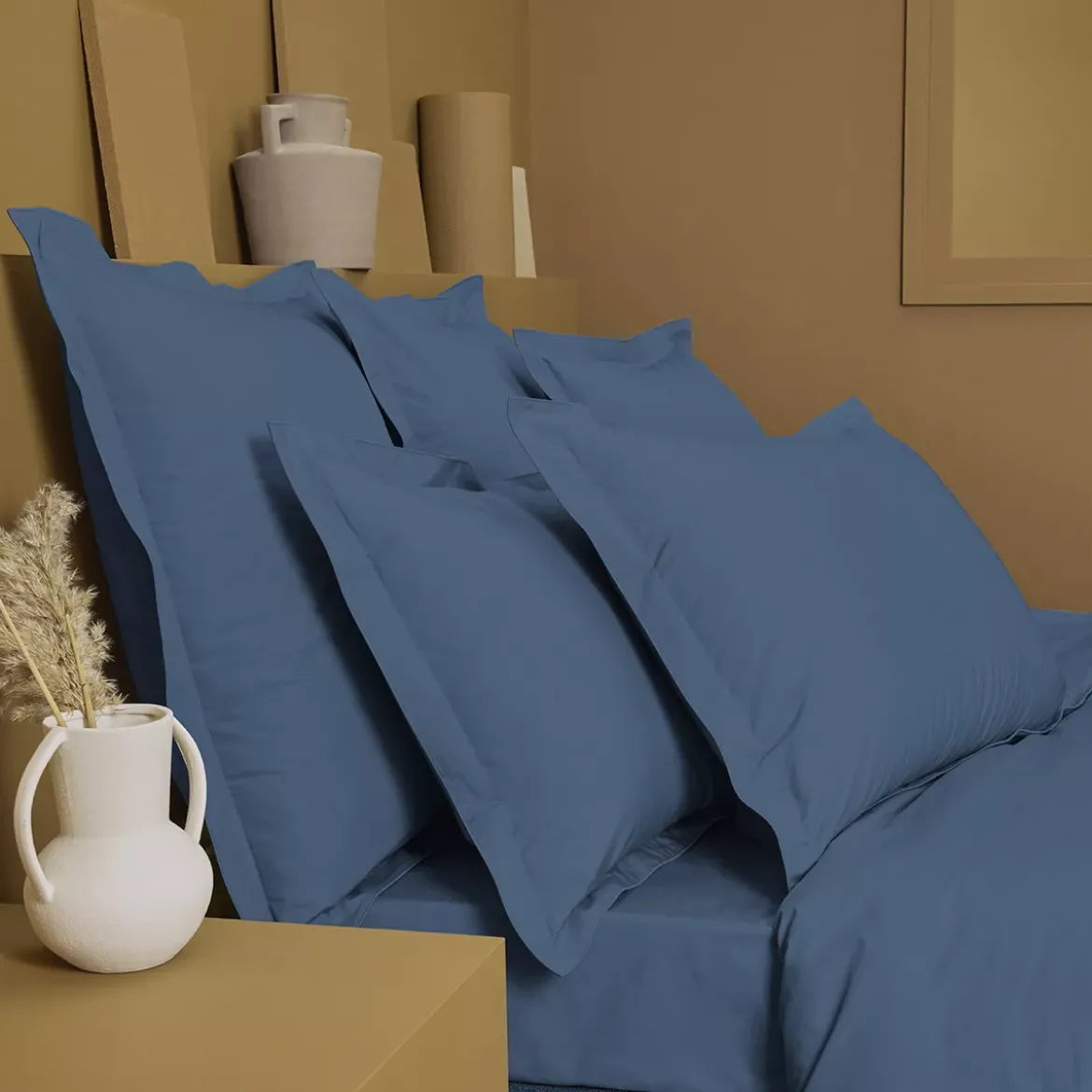 Drap plat percale de coton uni bleu Giulia denim