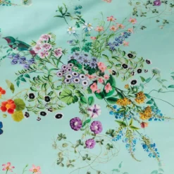 Drap plat satin de coton 115 g/m² imprimé bleu vert Le printemps azur