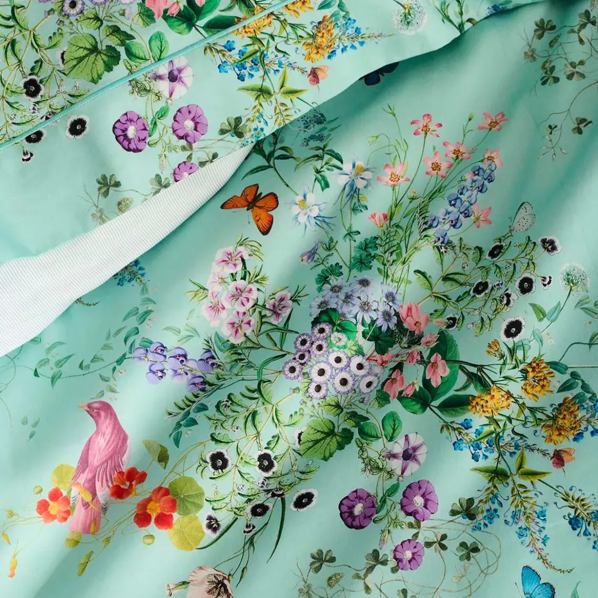 Drap plat satin de coton 115 g/m² imprimé bleu vert Le printemps azur