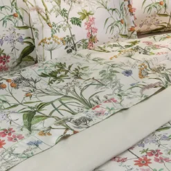 Drap plat satin de coton imprimé rose beige vert Prairie legere beige