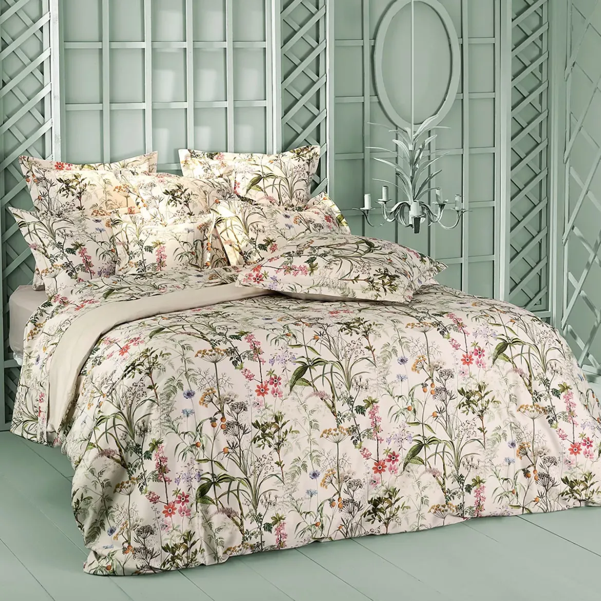 Drap plat satin de coton imprimé rose beige vert Prairie legere beige