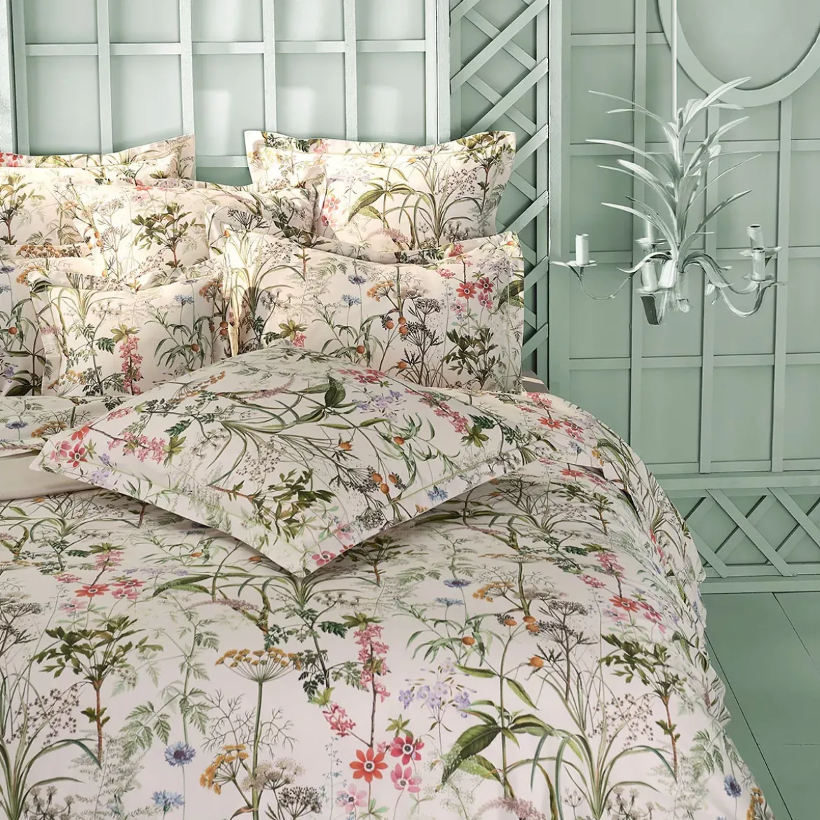 Drap plat satin de coton imprimé rose beige vert Prairie legere beige