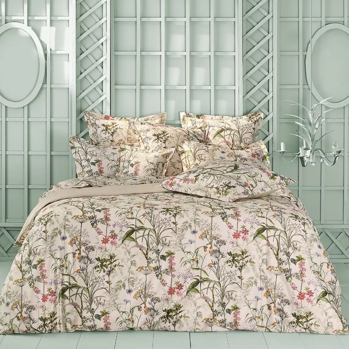 Drap plat satin de coton imprimé rose beige vert Prairie legere beige