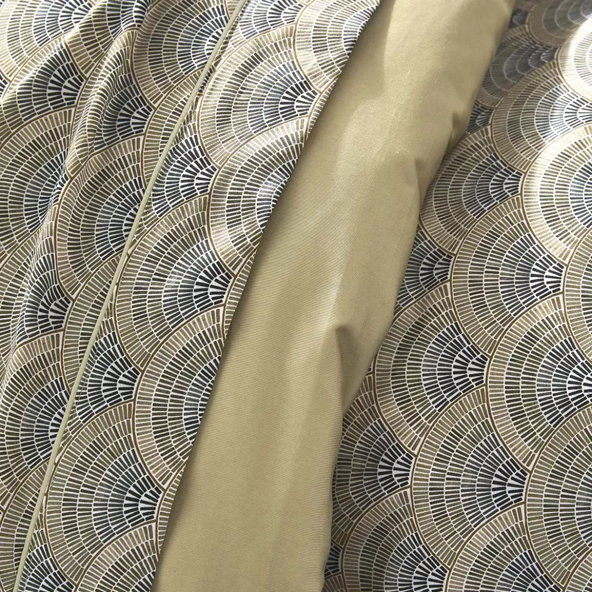 Drap plat satin de coton imprimé beige Eventails argile