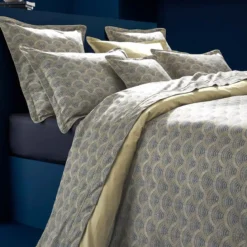 Drap plat satin de coton imprimé beige Eventails argile