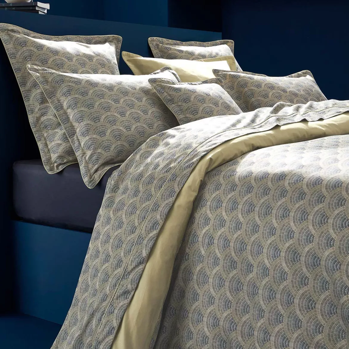 Drap plat satin de coton imprimé beige Eventails argile