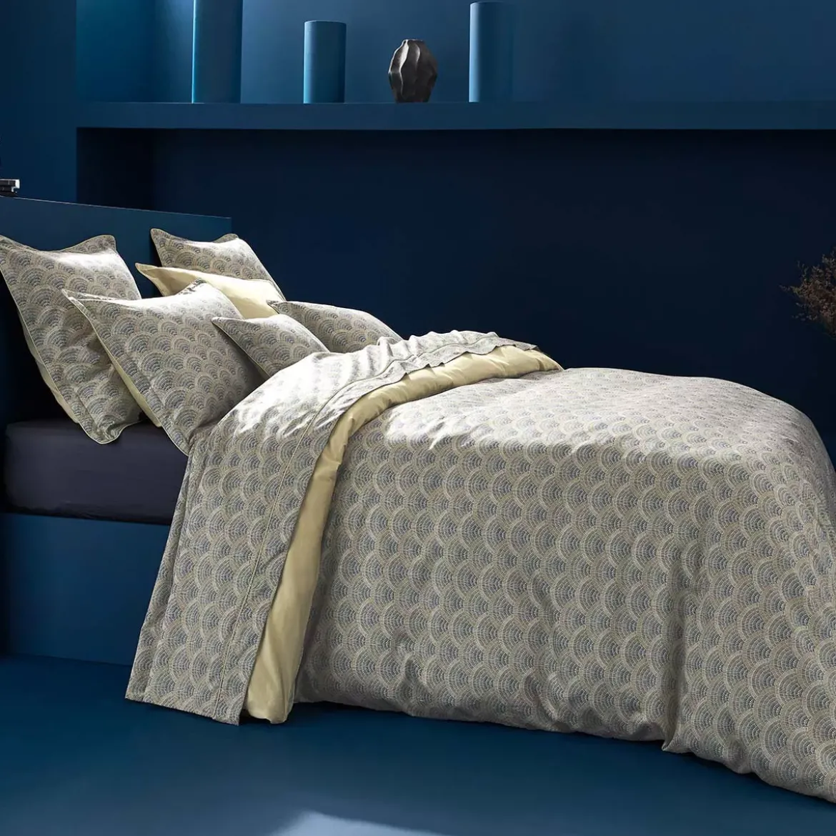 Drap plat satin de coton imprimé beige Eventails argile