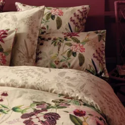 Drap plat satin de coton imprimé rose beige vert Parfum d'orchidee grege