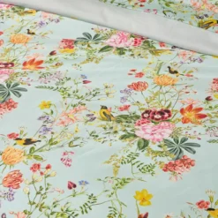 Drap plat satin de coton imprimé multicolore Primavera vert d'eau