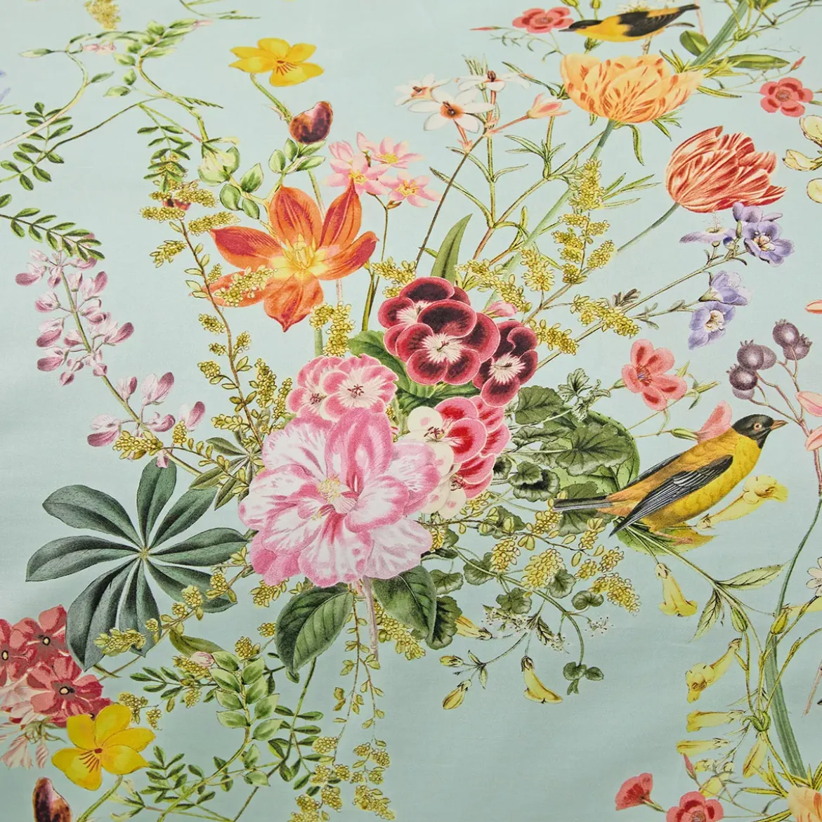 Drap plat satin de coton imprimé multicolore Primavera vert d'eau