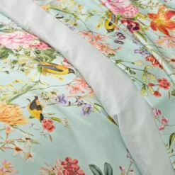 Drap plat satin de coton imprimé multicolore Primavera vert d'eau