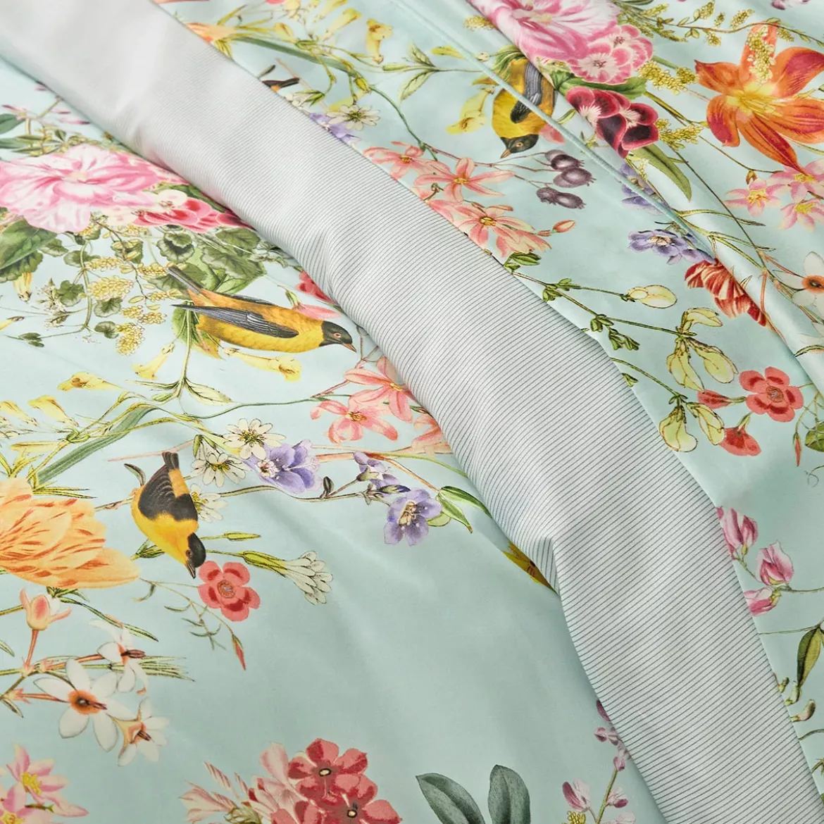 Drap plat satin de coton imprimé multicolore Primavera vert d'eau