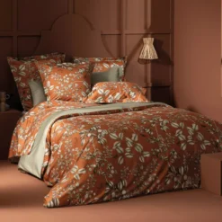 Drap plat satin de coton imprimé orange Fleurs d'oranger rouille