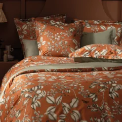 Drap plat satin de coton imprimé orange Fleurs d'oranger rouille