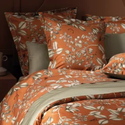 Drap plat satin de coton imprimé orange Fleurs d'oranger rouille