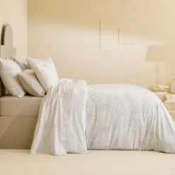 Drap plat satin de coton imprimé blanc beige Flower power white