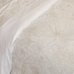 Drap plat satin de coton imprimé blanc beige Flower power white