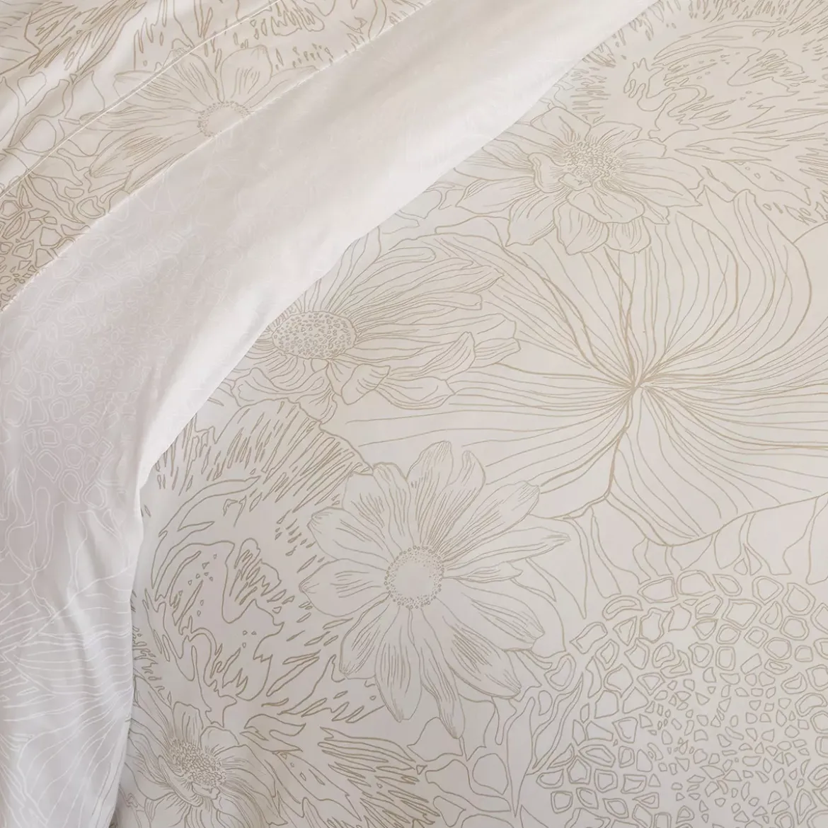 Drap plat satin de coton imprimé blanc beige Flower power white