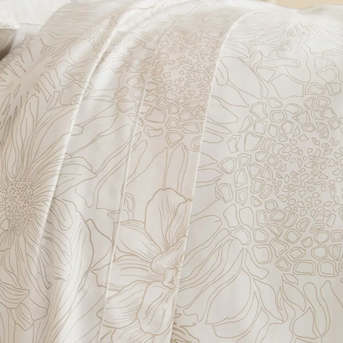 Drap plat satin de coton imprimé blanc beige Flower power white