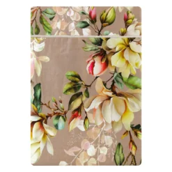 Drap plat satin de coton imprimé rose Magnolias rose fume