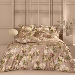 Drap plat satin de coton imprimé rose Magnolias rose fume