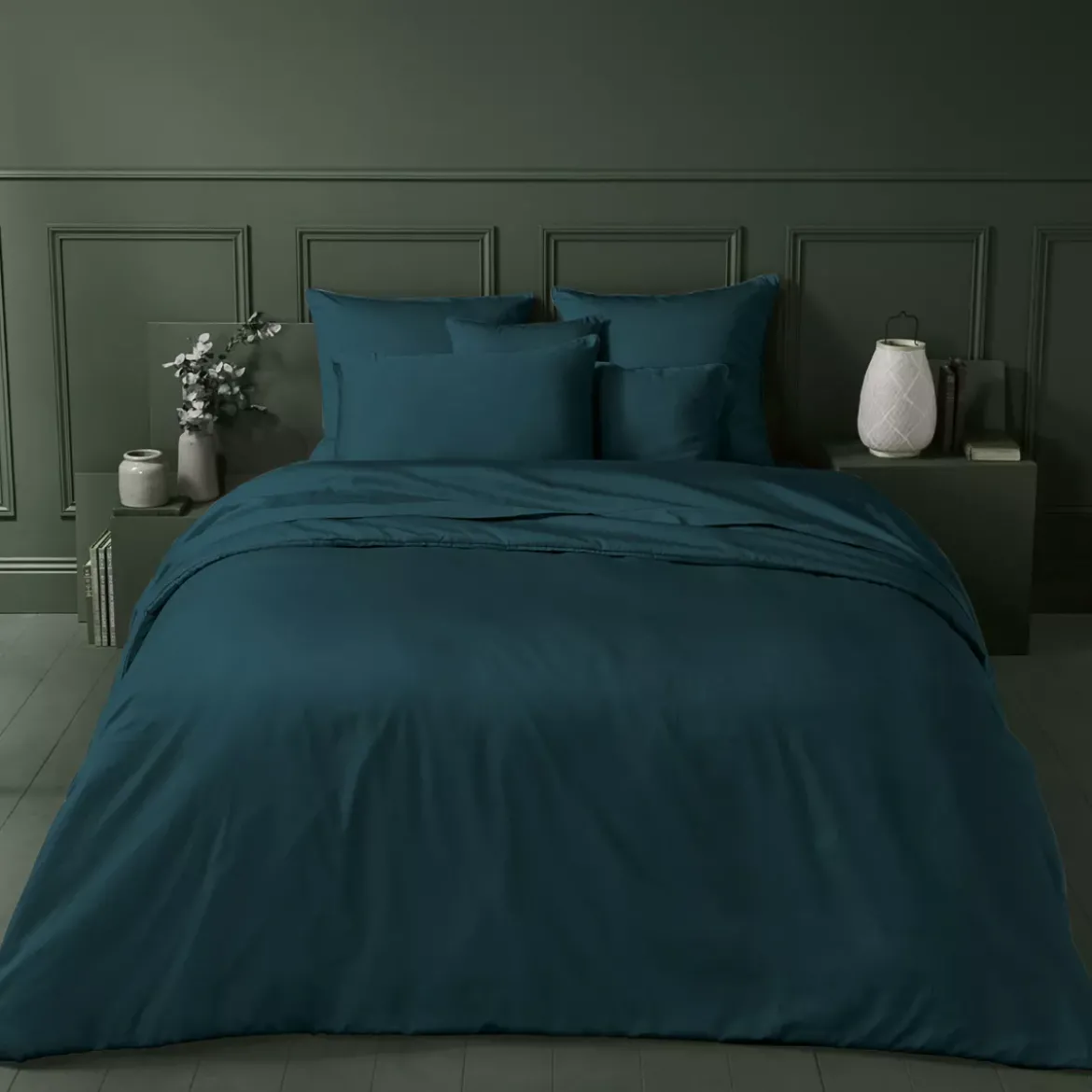 Drap plat satin de coton uni vert Ava uni crepuscule