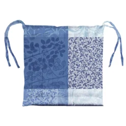 Galette de chaise pur coton enduit motif jacquard bleu Mille rameaux bleu