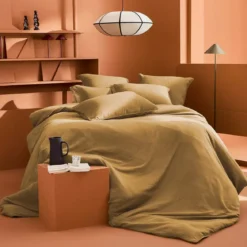 Housse de couette gaze de coton lavé uni marron Malia houblon