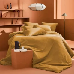 Housse de couette gaze de coton lavé uni jaune Malia curry