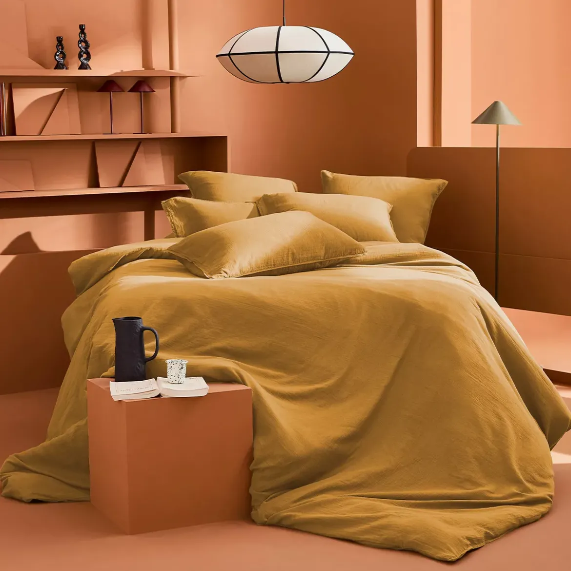 Housse de couette gaze de coton lavé uni jaune Malia curry