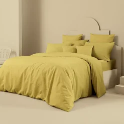 Housse de couette lin & coton 160 g/m² uni jaune Le metis francais curry
