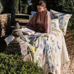 Housse de couette lin & coton lavé 130 g/m² imprimé bleu jaune Iris d'ete naturel