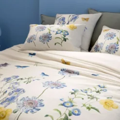 Housse de couette lin & coton lavé 130 g/m² imprimé bleu jaune Iris d'ete naturel