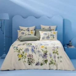 Housse de couette lin & coton lavé 130 g/m² imprimé bleu jaune Iris d'ete naturel