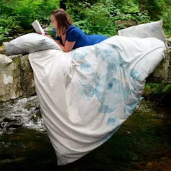Housse de couette lin & coton lavé 130 g/m² imprimé bleu beige Vagues indigo